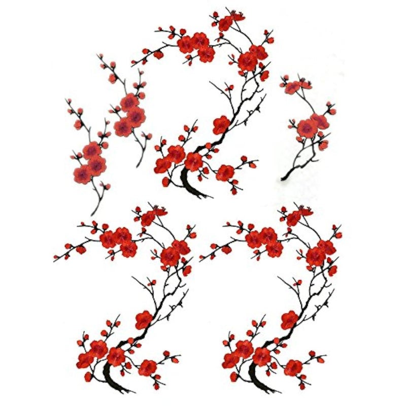6 Pcs Big Plum Blossom/Small Slice of Plum Blossom Iron On Patches Embroidery Flower Appliques 14.1"x7.5" (36x19cm)/6.7"X3.3"(17X8cm) (Red/Black)